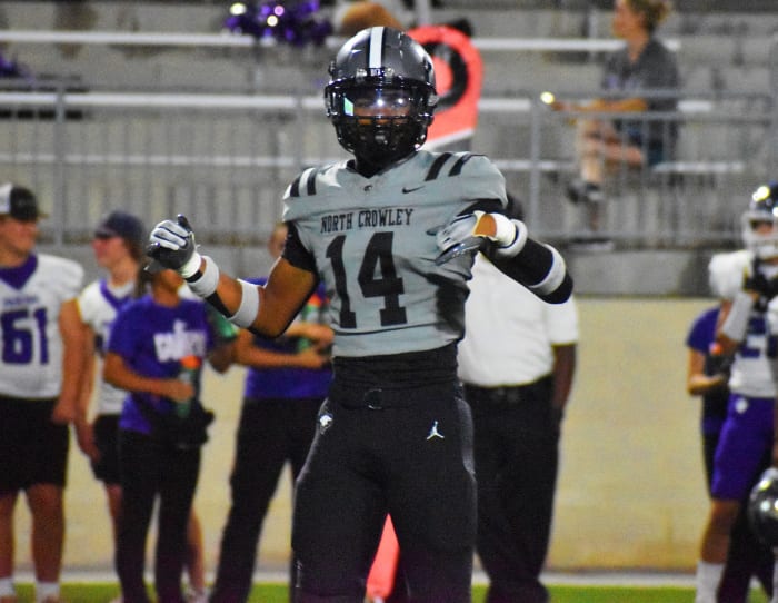 North Crowley junior linebacker Jonathan Cunningham gets lined up early in the 2023 Texas high school football season.
